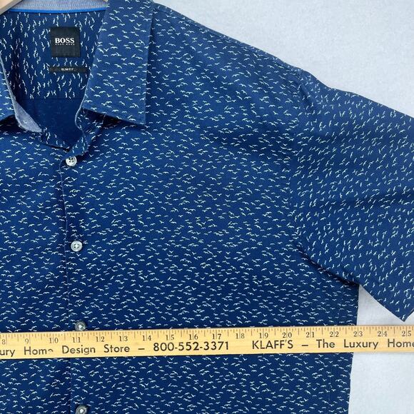 HUGO BOSS Shirt XL Ronn 2F Flock Birds Textured Slim Fit Short Sleeve Camp Blue - Picture 14 of 16